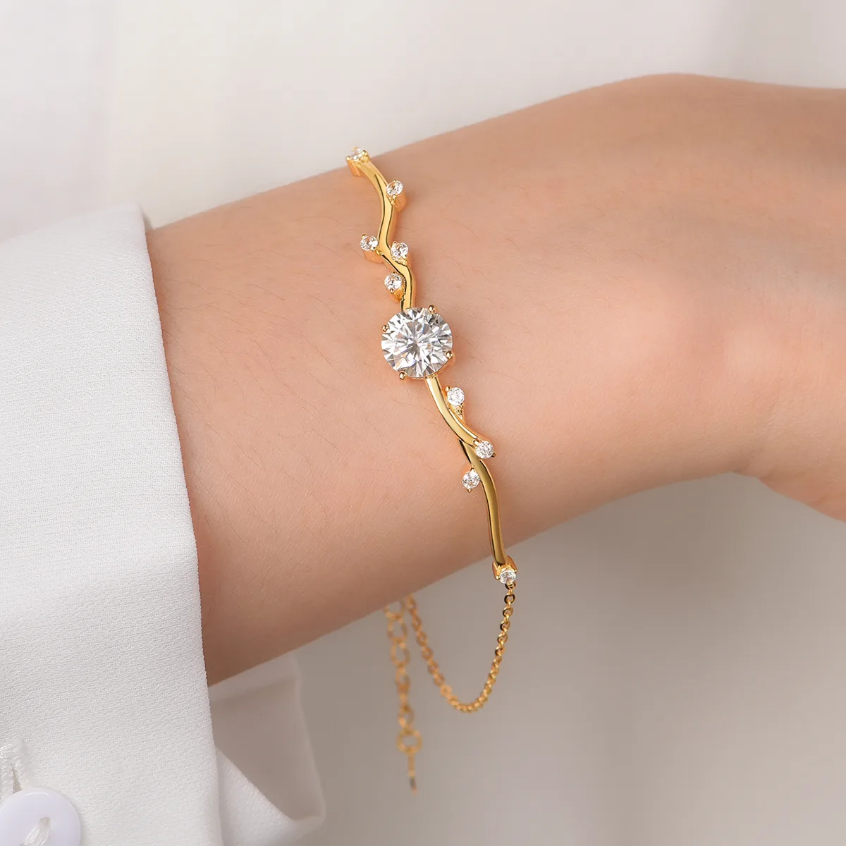 MB0016 S925 Silver 18K Yellow Gold Moissanite Bracelet Center Stone 8.0mm/2.0ct