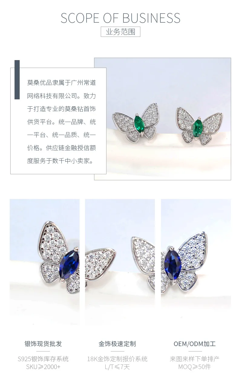 E-2026 S925 Silver 18K White Gold Marquise Lab-Grown Gemstone Butterfly Earrings