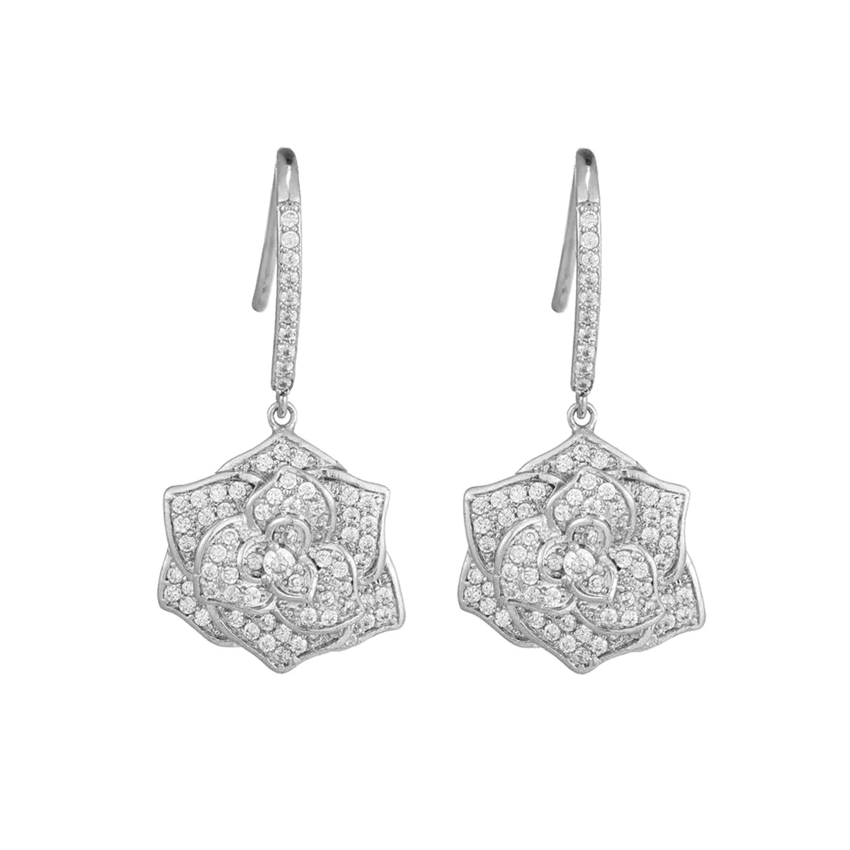 E230607021 S925 Silver 18K White Gold Full Pavé Moissanite Flower Earrings 1.73ct