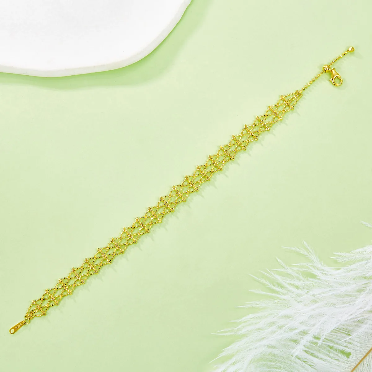 B013 S925 Silver 18K Gold Large Lace Woven Craft Bracelet