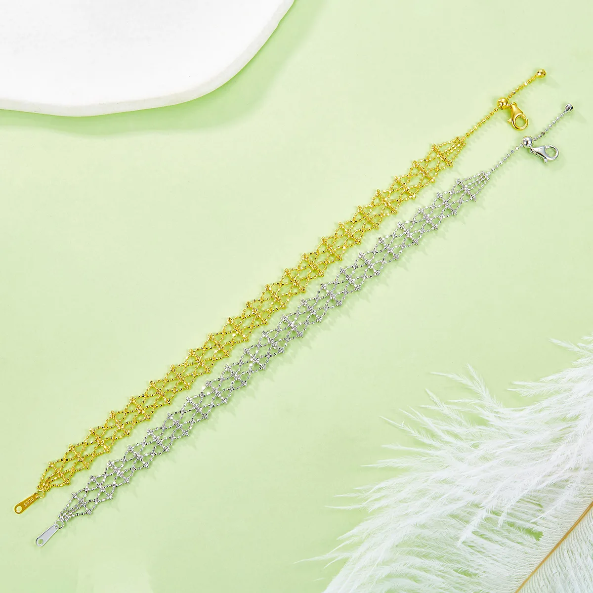 B013 S925 Silver 18K Gold Large Lace Woven Craft Bracelet