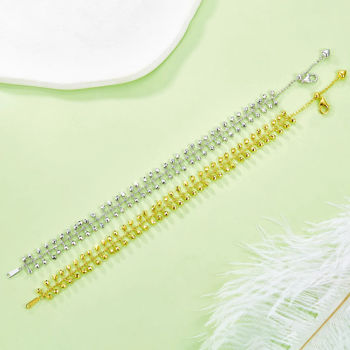 B012 S925 Silver 18K Gold Large Lace Woven Craft Spirit Sparkling Bead Bracelet