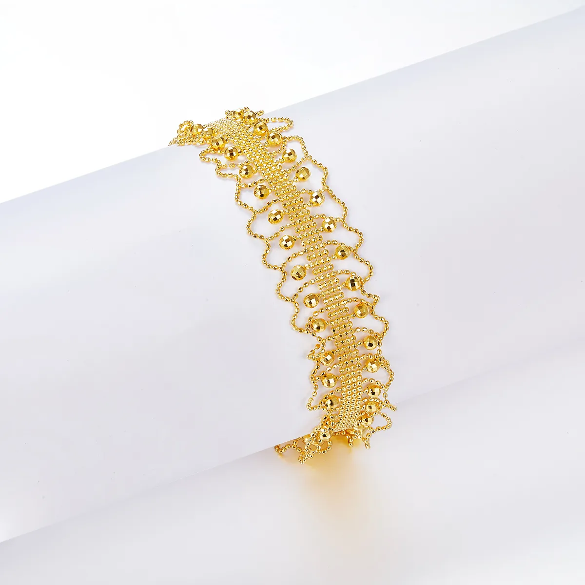 B015 S925 Silver 18K Gold Large Lace Woven Craft Sparkling Bead Bracelet