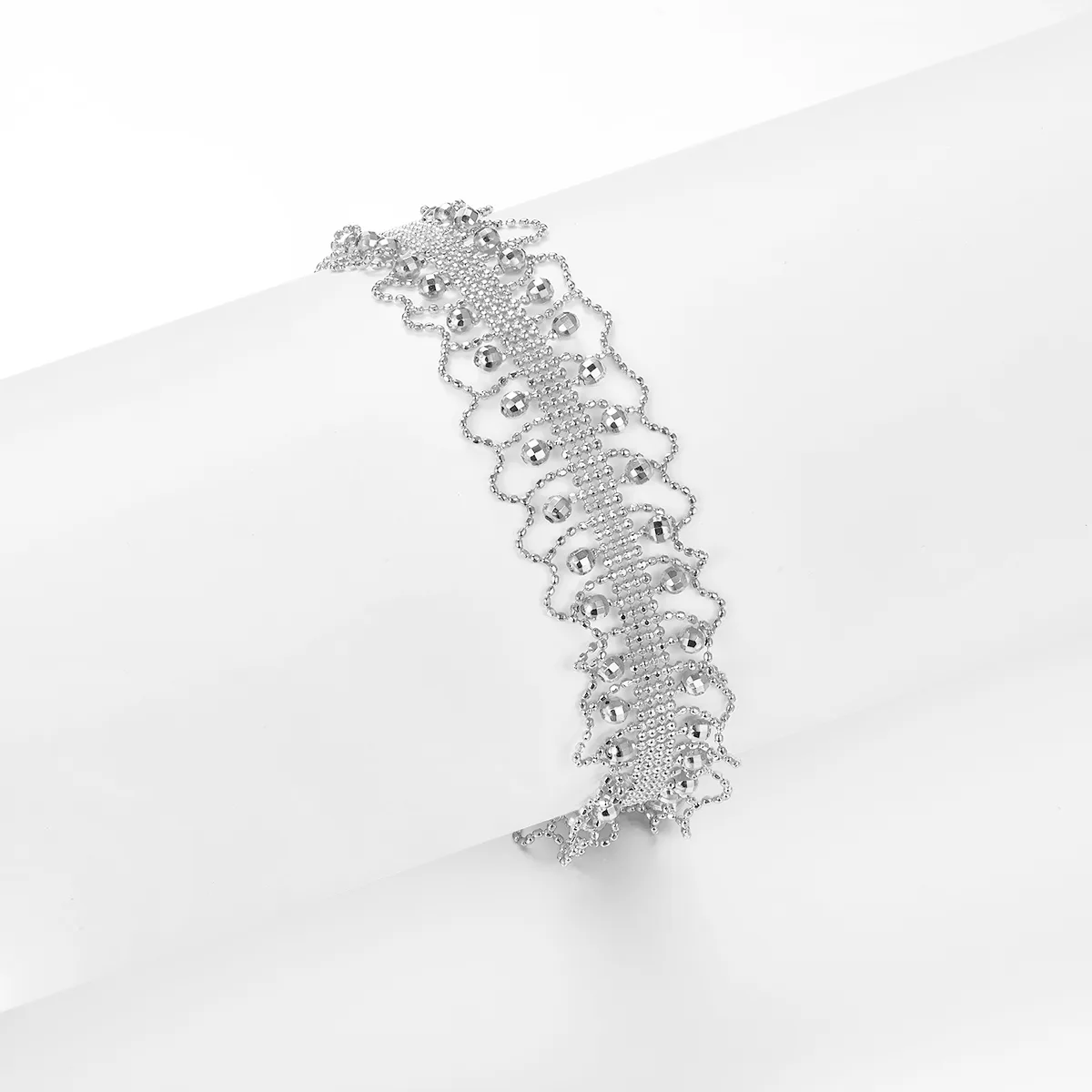 B015 S925 Silver 18K Gold Large Lace Woven Craft Sparkling Bead Bracelet
