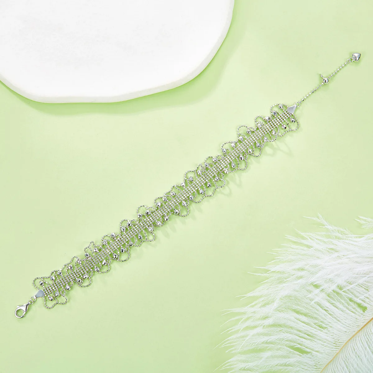 B015 S925 Silver 18K Gold Large Lace Woven Craft Sparkling Bead Bracelet