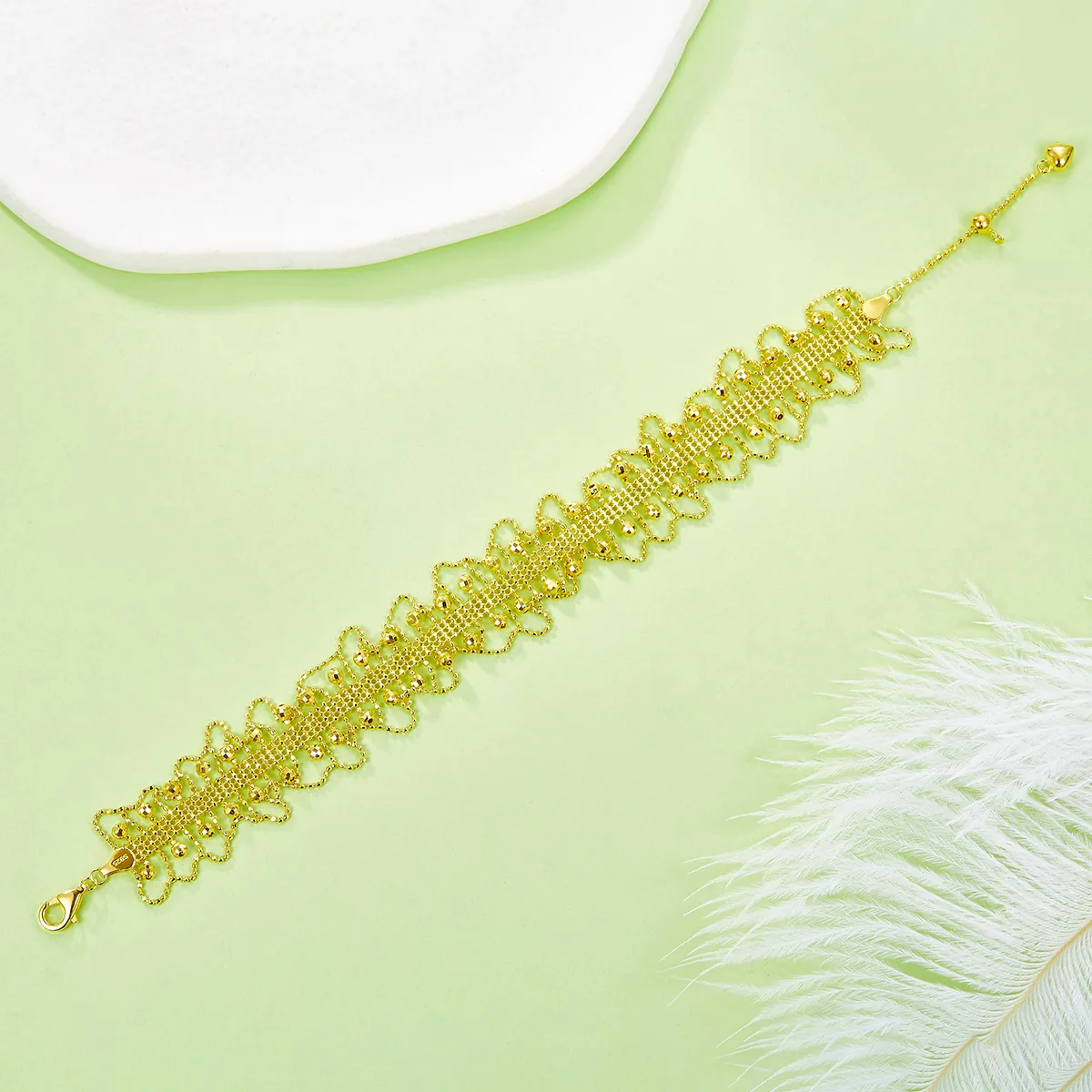 B015 S925 Silver 18K Gold Large Lace Woven Craft Sparkling Bead Bracelet