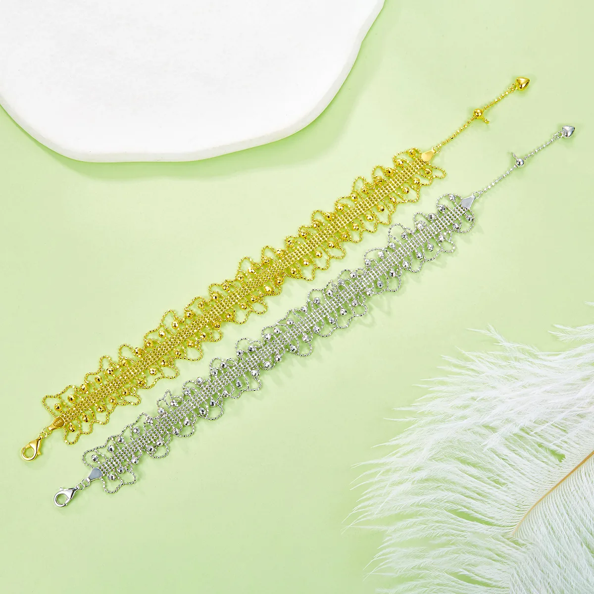B015 S925 Silver 18K Gold Large Lace Woven Craft Sparkling Bead Bracelet