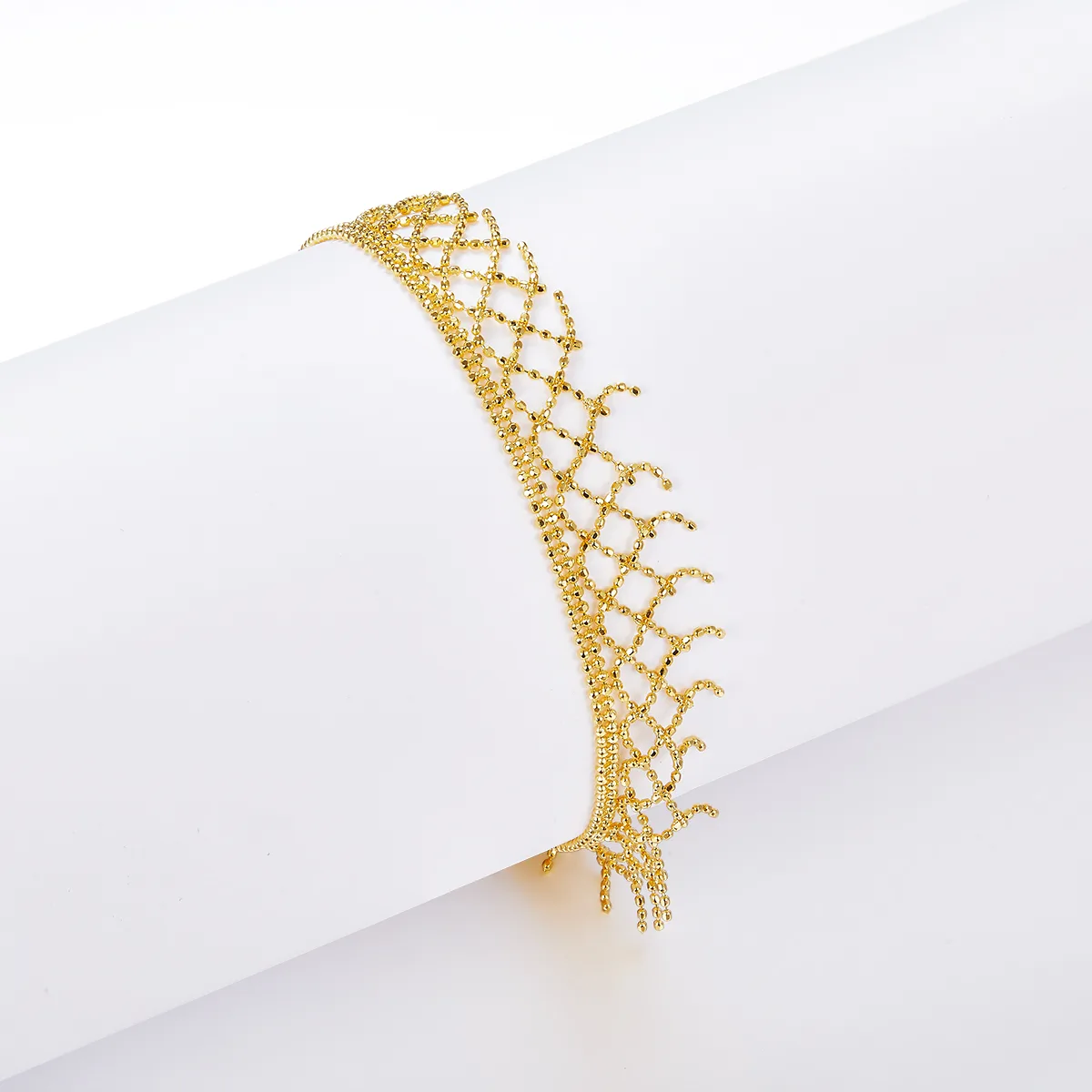 B009 S925 Silver 18K Gold Large Lace Woven Craft Tassel Bracelet