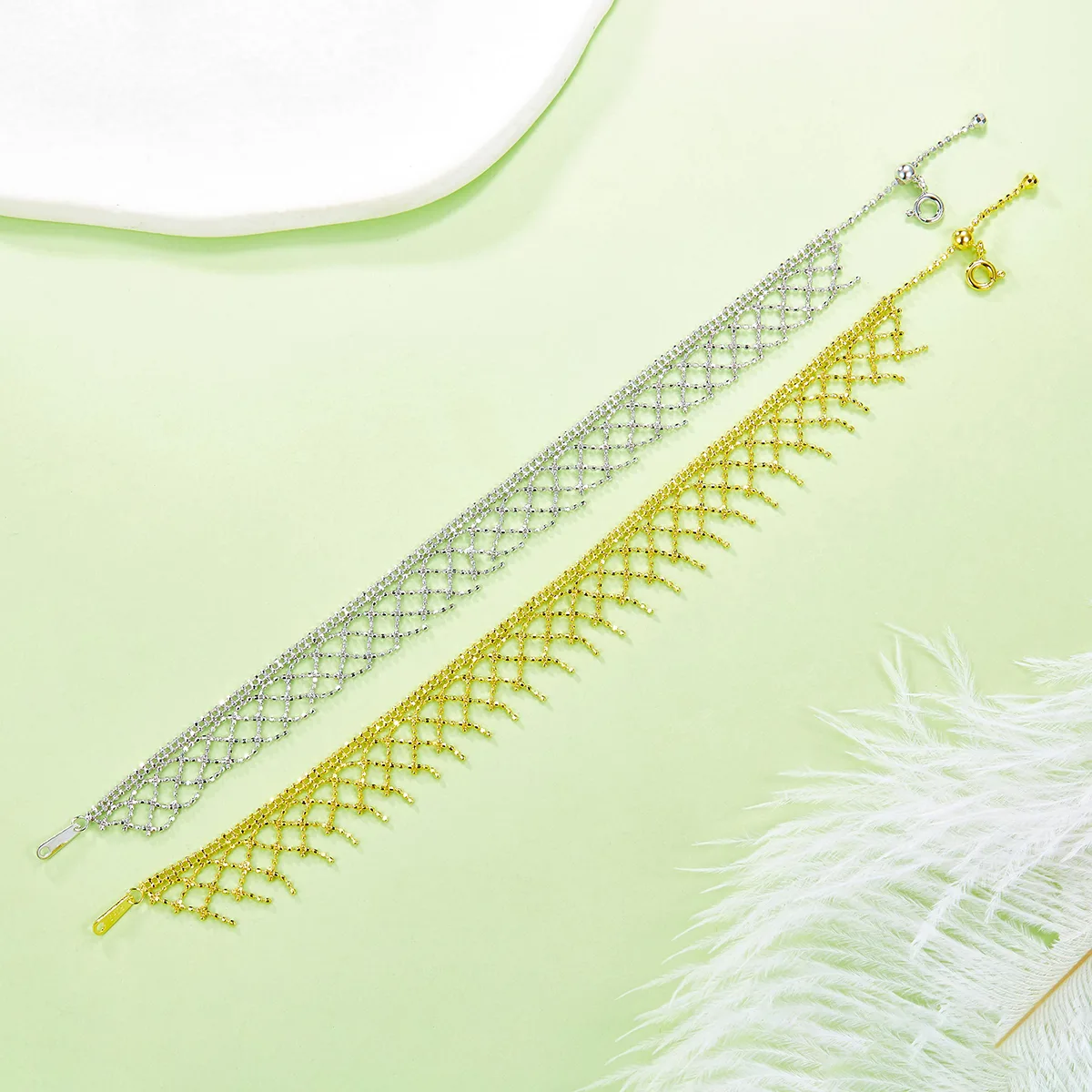 B009 S925 Silver 18K Gold Large Lace Woven Craft Tassel Bracelet