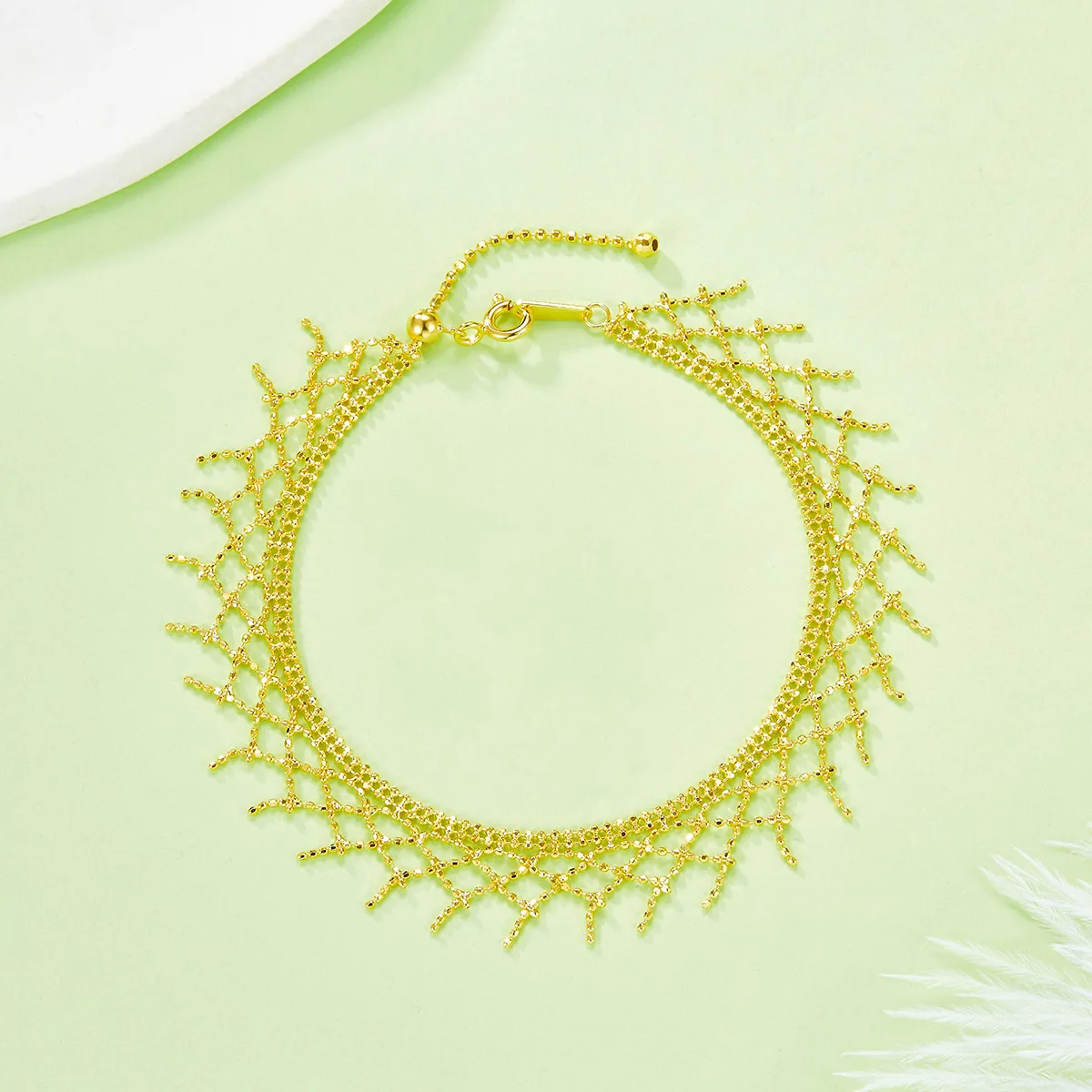 B009 S925 Silver 18K Gold Large Lace Woven Craft Tassel Bracelet