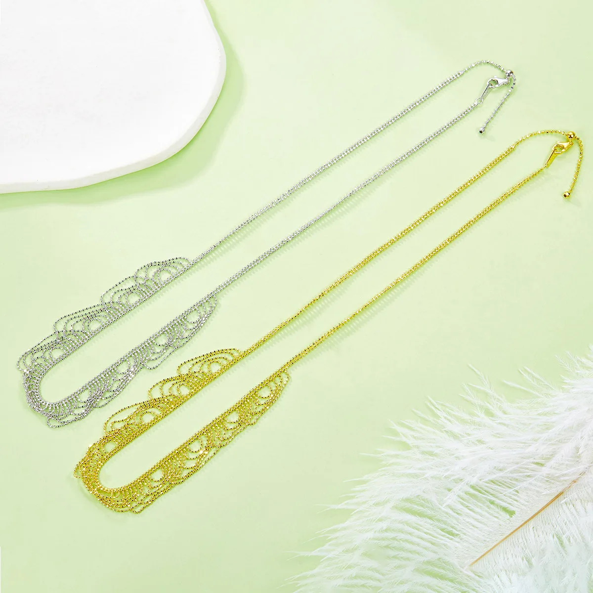 K017 S925 Silver 18K Gold Large Lace Woven Craft Necklace