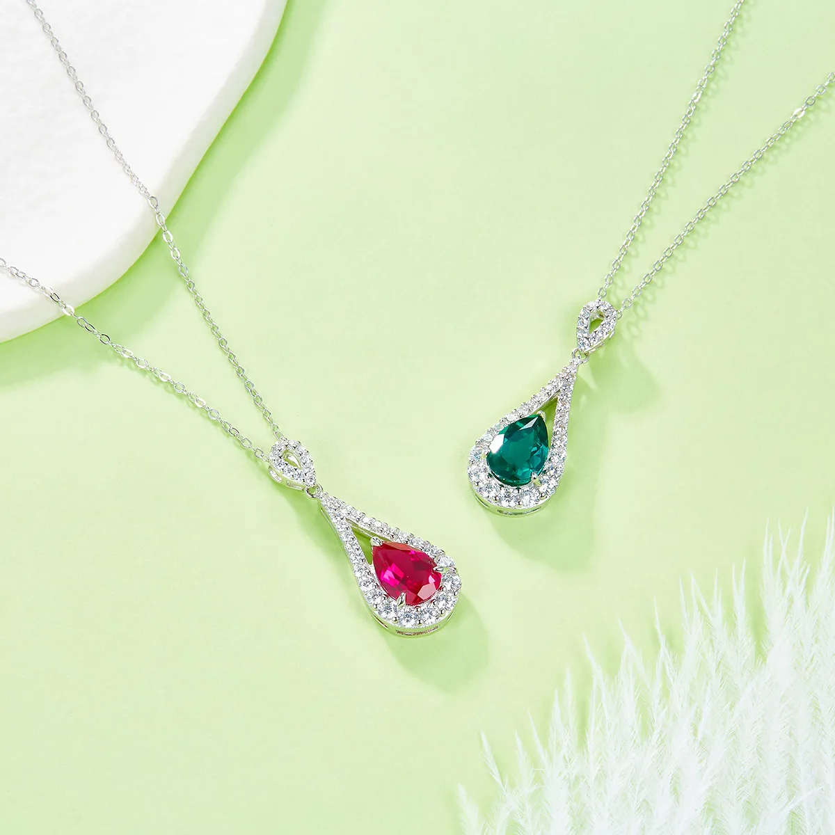P1758 S925 Silver 18K White Gold Teardrop Lab-Grown Gemstone Necklace 11*7mm/ 1.75ct