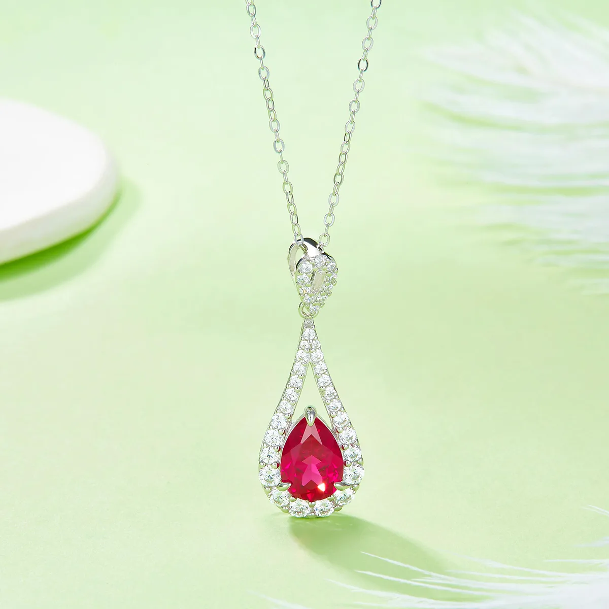 P1758 S925 Silver 18K White Gold Teardrop Lab-Grown Gemstone Necklace 11*7mm/ 1.75ct