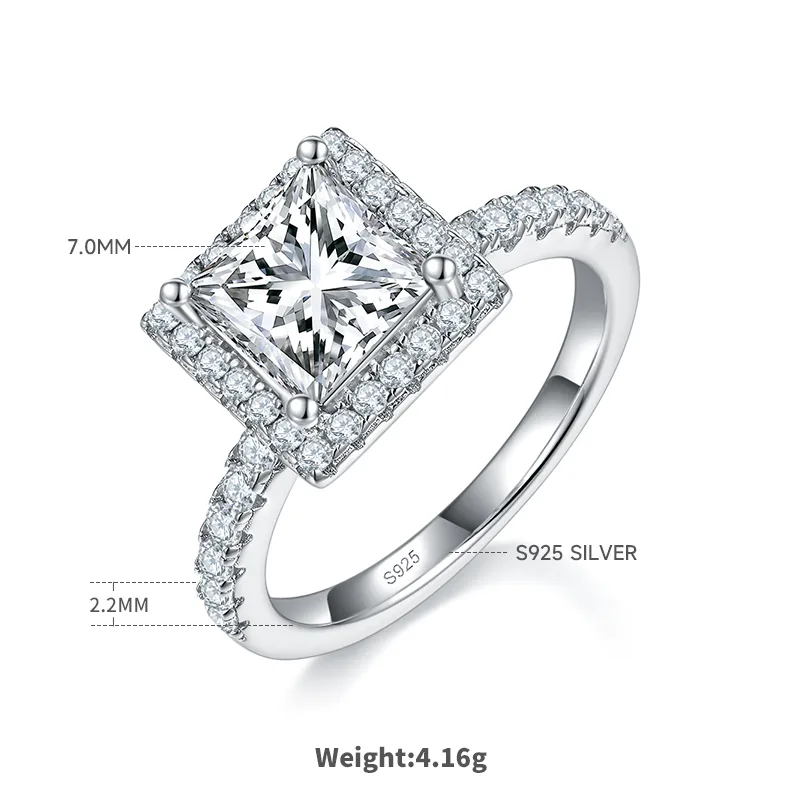 Light Luxury Square S925 White-Gold-Plated Silver Moissanite Wedding Band Women's Ring 2.0ct D