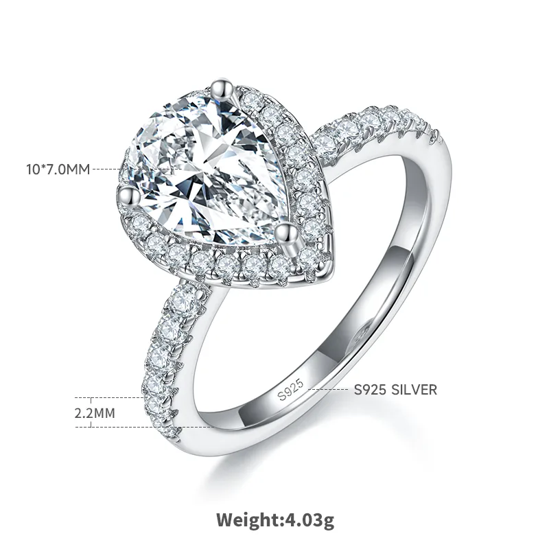 Light Luxury Pear S925 White-Gold-Plated Silver Moissanite Proposal Ring Women's Ring 2.0ct D