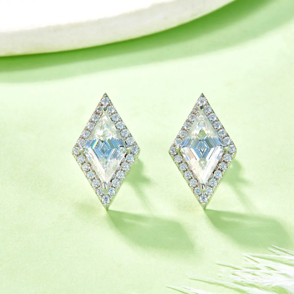07S S925 Silver 18K White Gold Rhombus Moissanite Premium Earrings Center Stone 12*7mm/2.0CT/ Stones