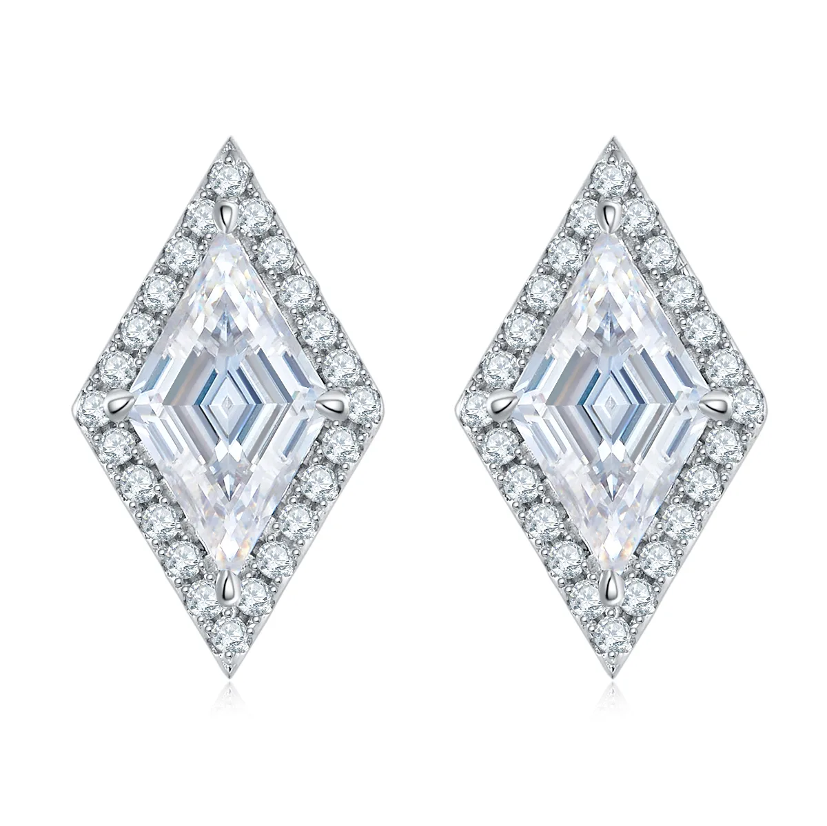 07S S925 Silver 18K White Gold Rhombus Moissanite Premium Earrings Center Stone 12*7mm/2.0CT/ Stones
