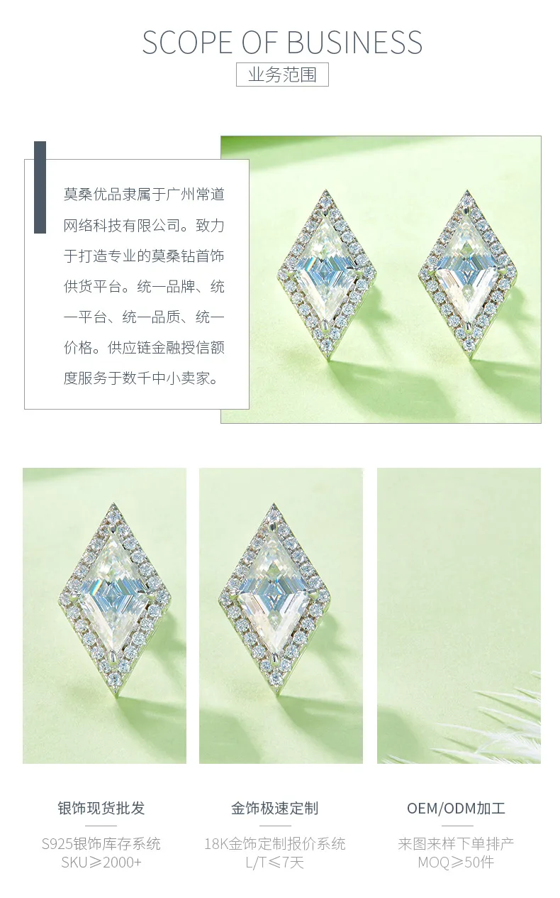 07S S925 Silver 18K White Gold Rhombus Moissanite Premium Earrings Center Stone 