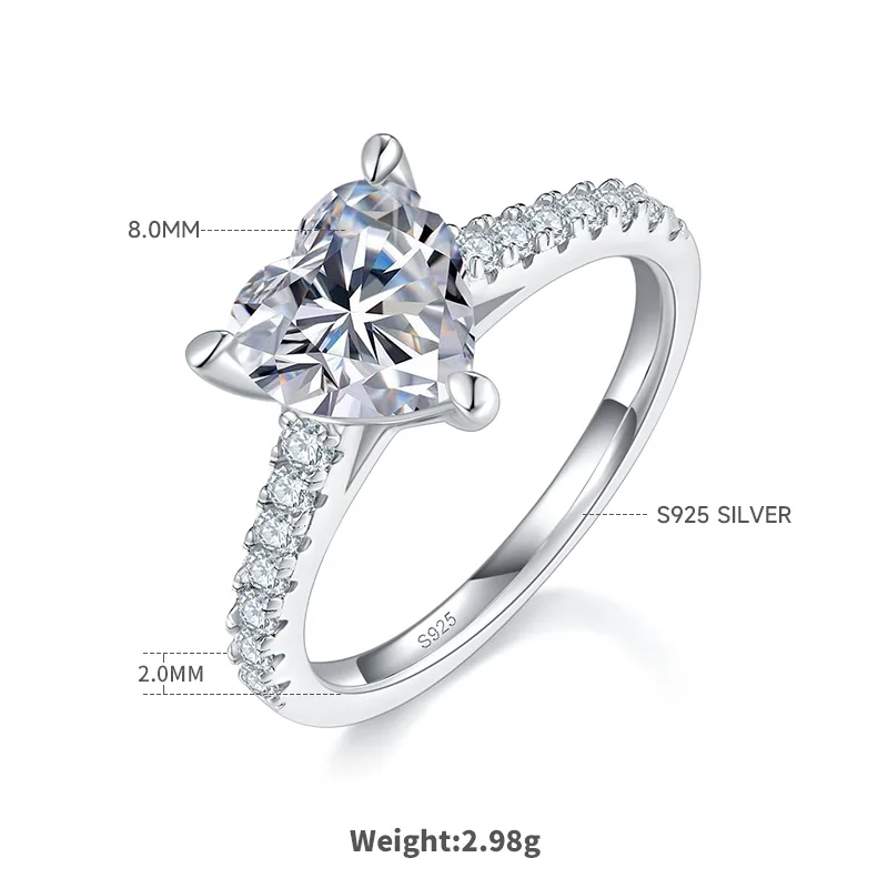 Micro-Pavé Heart S925 White-Gold-Plated Silver Moissanite Wedding Band Women's Ring 2.0ct D