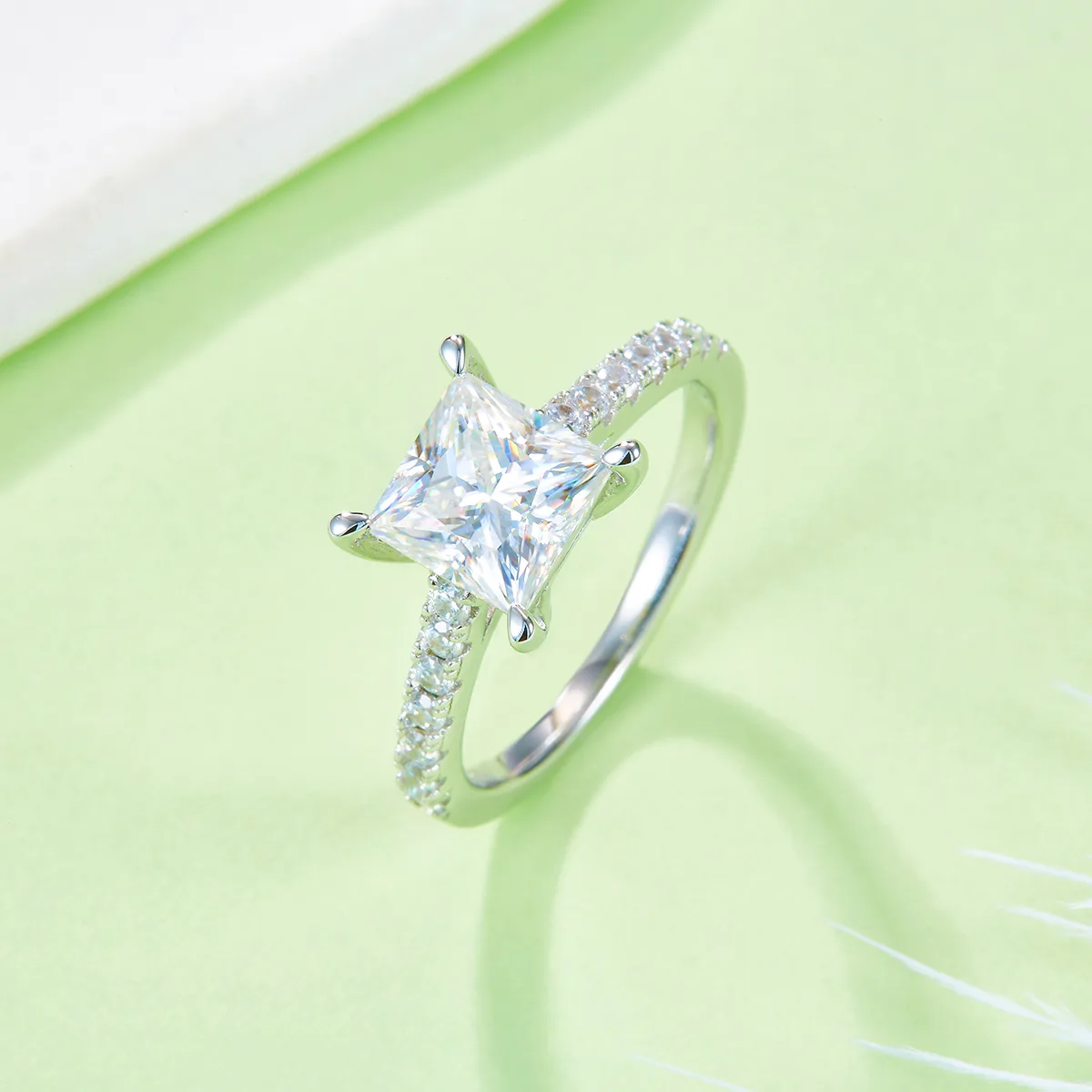 Micro-Pavé Square S925 White-Gold-Plated Silver Moissanite Proposal Ring Women's Ring 2.0ct D
