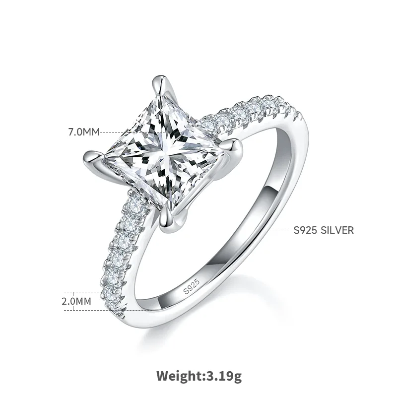 Micro-Pavé Square S925 White-Gold-Plated Silver Moissanite Proposal Ring Women's Ring 2.0ct D