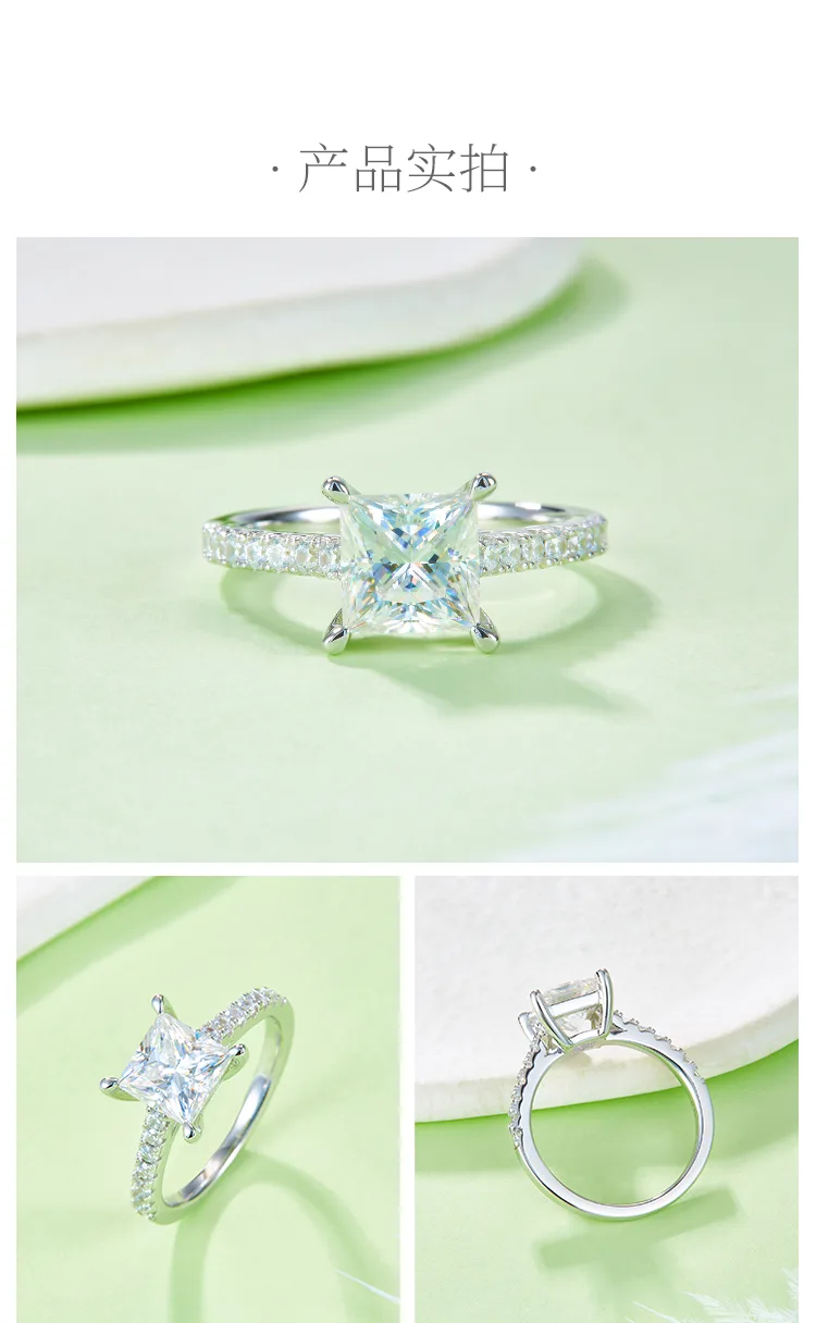 Micro-Pavé Square S925 White-Gold-Plated Silver Moissanite Proposal Ring Women