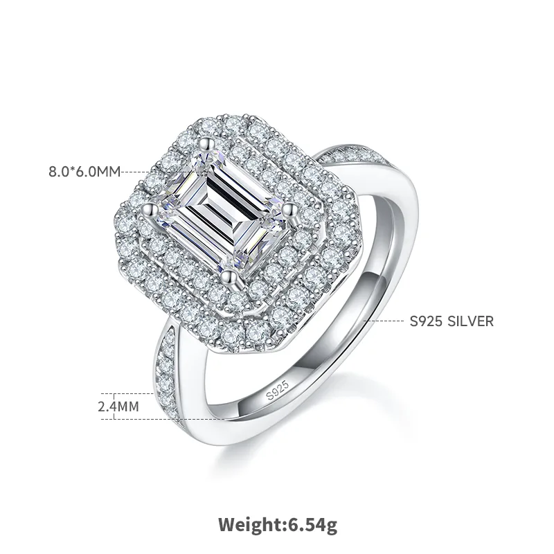 Luxury Pavé Rectangle S925 White-Gold-Plated Silver Moissanite Wedding Band Women's Ring 2.0ct D