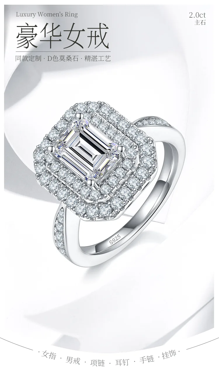 Luxury Pavé Rectangle S925 White-Gold-Plated Silver Moissanite Wedding Band Wome