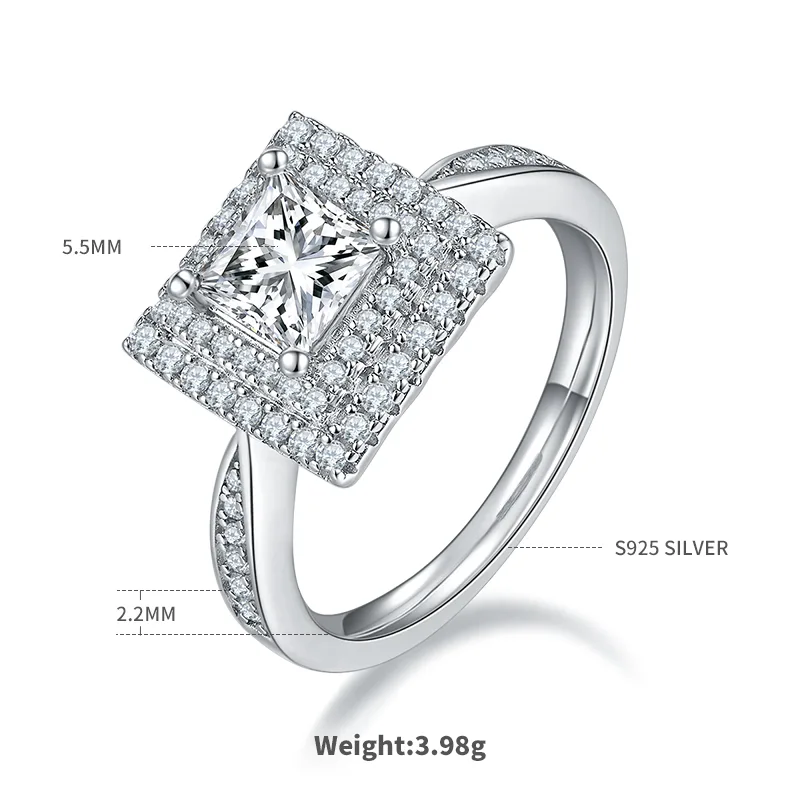 Luxury Pavé Square S925 White-Gold-Plated Silver Moissanite Wedding Band Women's Ring 2.0ct D