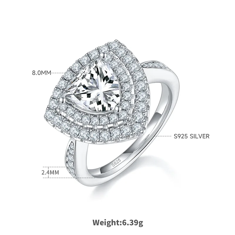 Luxury Pavé Trilliant S925 White-Gold-Plated Silver Moissanite Proposal Ring Women's Ring 2.0ct D