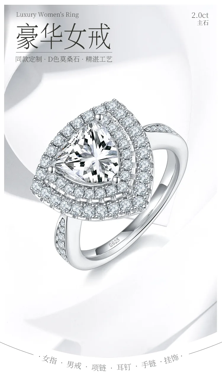 Luxury Pavé Trilliant S925 White-Gold-Plated Silver Moissanite Proposal Ring Wom