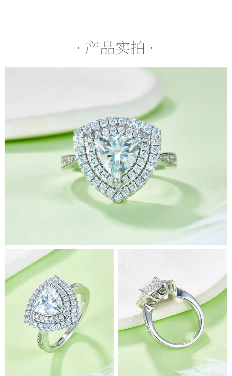 Luxury Pavé Trilliant S925 White-Gold-Plated Silver Moissanite Proposal Ring Wom