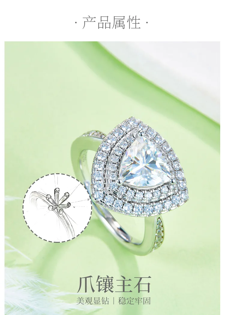 Luxury Pavé Trilliant S925 White-Gold-Plated Silver Moissanite Proposal Ring Wom