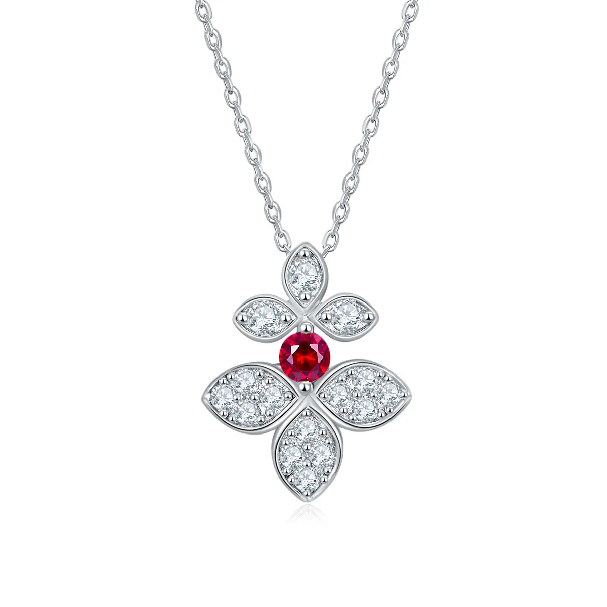 28T Silver S925 Plated 18K White Gold Synthetic Ruby Moissanite Four-Leaf Flower Jewelry Set 0.45ct/0.25ct