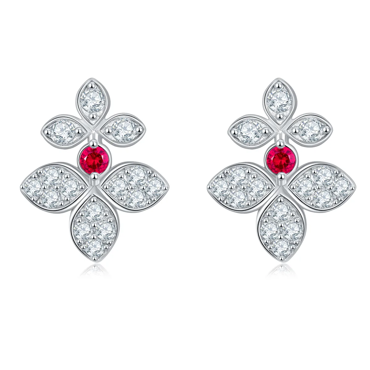 28T Silver S925 Plated 18K White Gold Synthetic Ruby Moissanite Four-Leaf Flower Jewelry Set 0.45ct/0.25ct