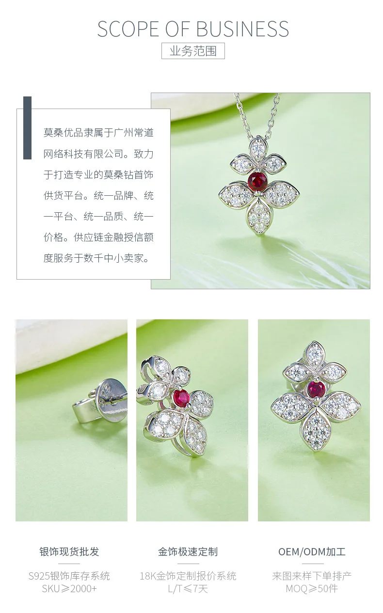 28T Silver S925 Plated 18K White Gold Synthetic Ruby Moissanite Four-Leaf Flower