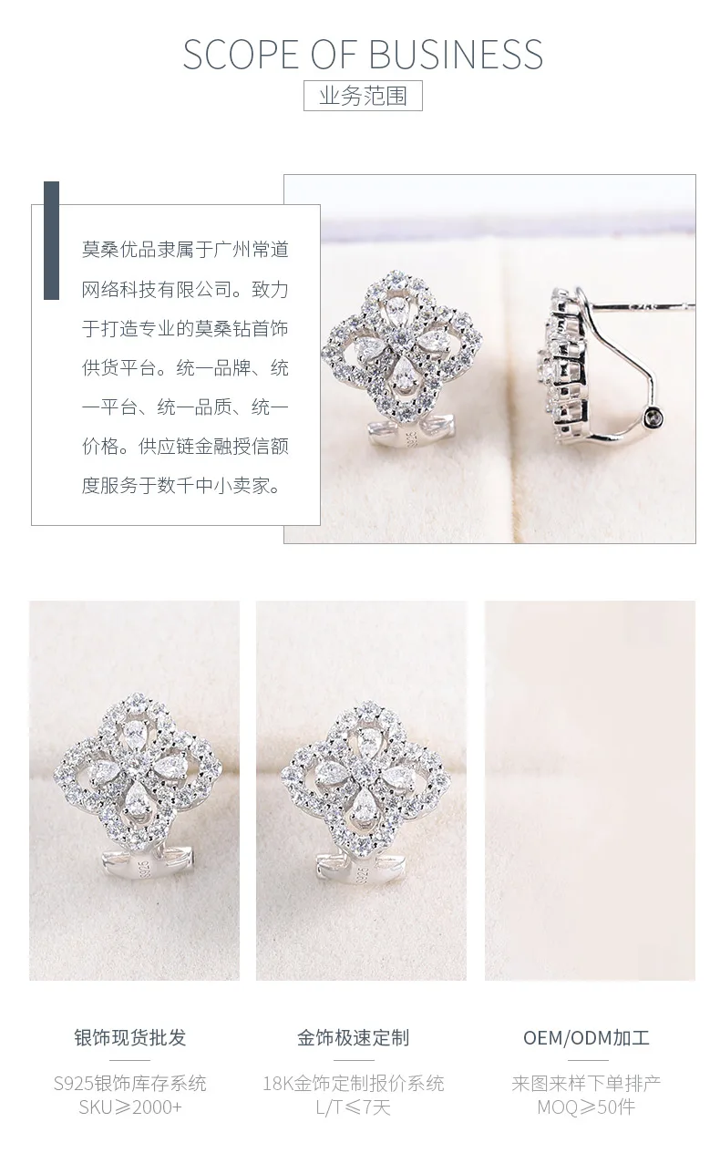 E250712021 S925 Silver 18K White Gold Full Pavé Moissanite Four-Leaf Clover Stud
