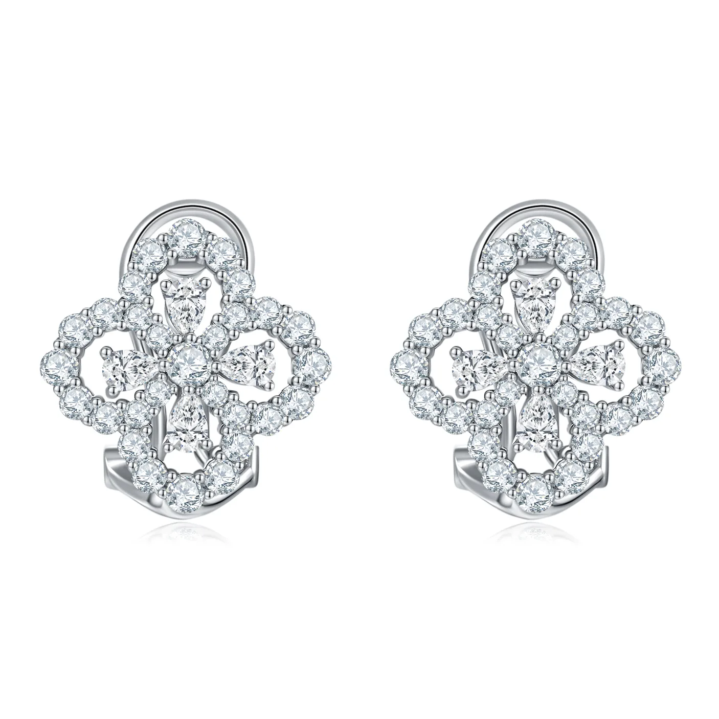 E250712021 S925 Silver 18K White Gold Full Pavé Moissanite Four-Leaf Clover Stud Earrings 2.26ct