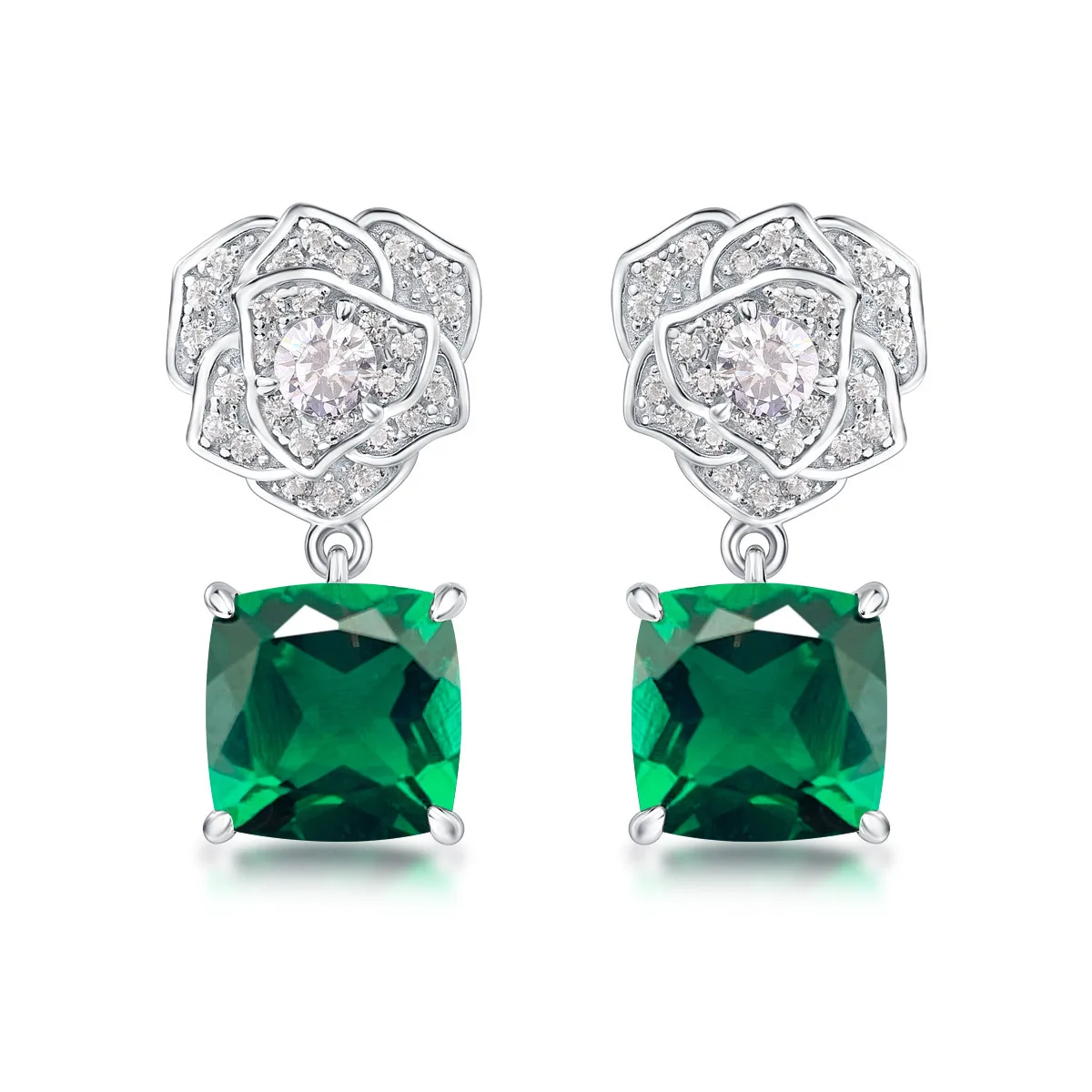E085 S925 Silver 18K White Gold Cushion Lab-Grown Gemstone Rose Earrings Center Stone 8.0mm/6.0ct Pair