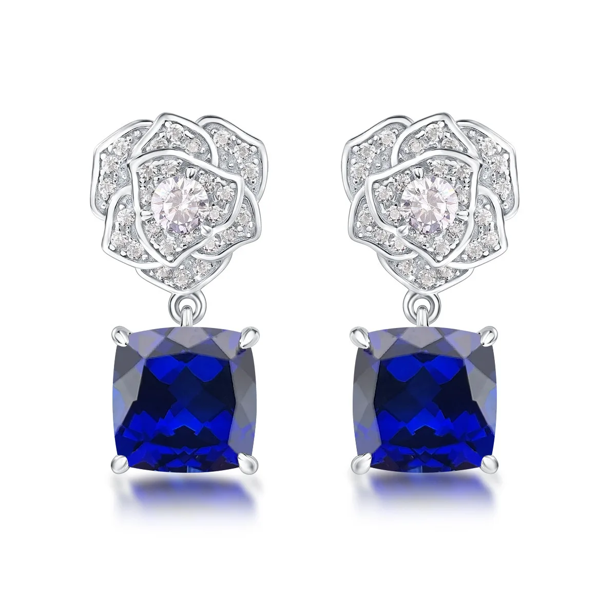 E085 S925 Silver 18K White Gold Cushion Lab-Grown Gemstone Rose Earrings Center Stone 8.0mm/6.0ct Pair