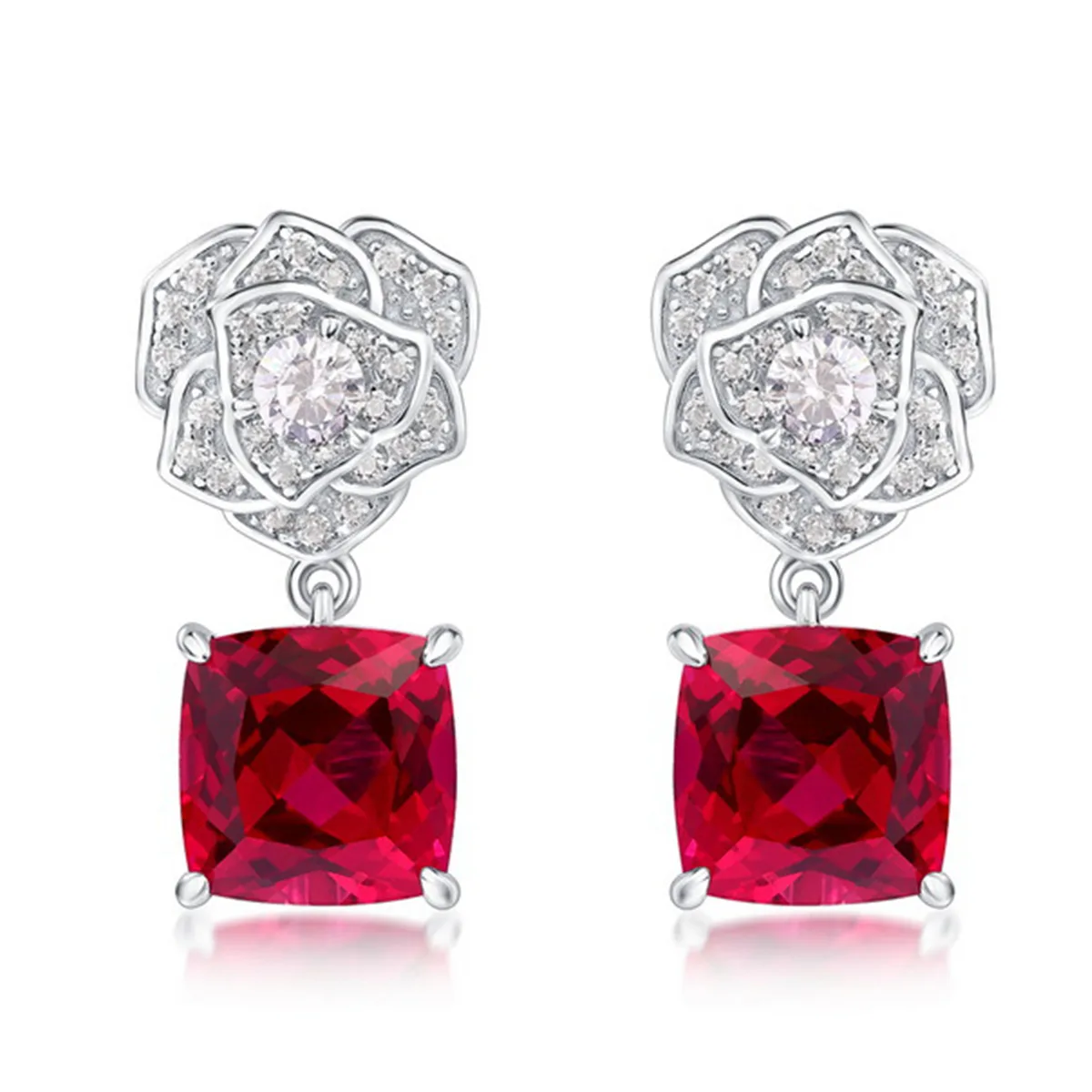 E085 S925 Silver 18K White Gold Cushion Lab-Grown Gemstone Rose Earrings Center Stone 8.0mm/6.0ct Pair