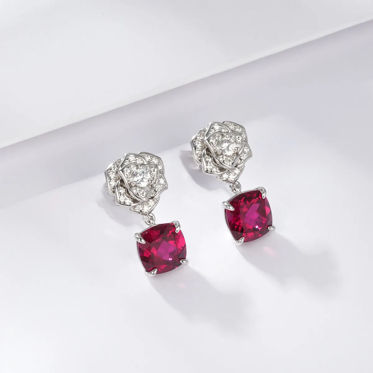 E085 S925 Silver 18K White Gold Cushion Lab-Grown Gemstone Rose Earrings Center Stone 8.0mm/6.0ct Pair