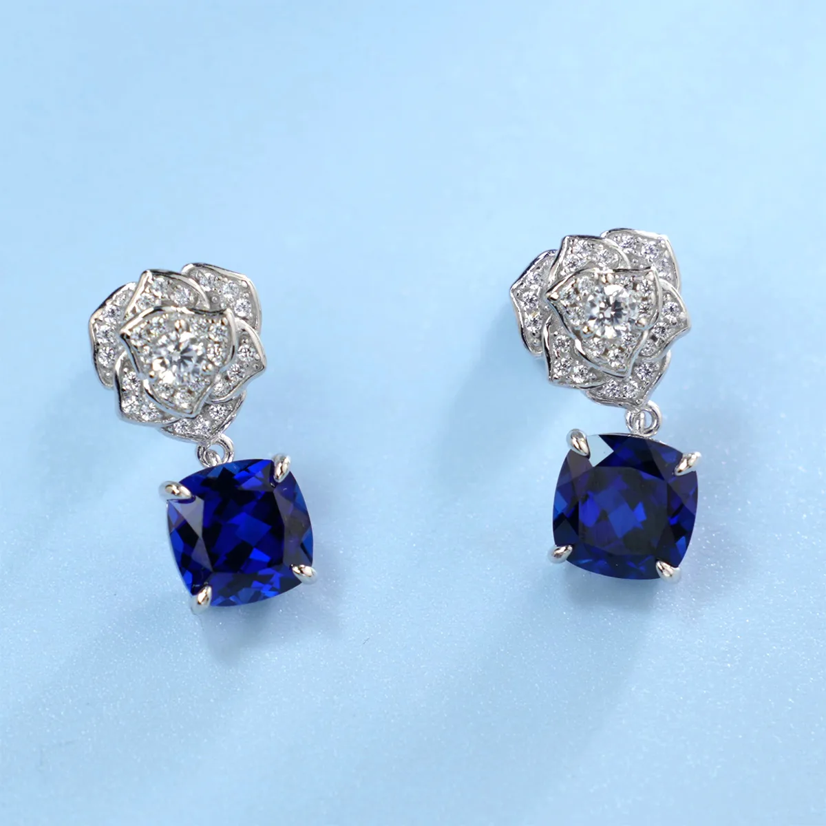 E085 S925 Silver 18K White Gold Cushion Lab-Grown Gemstone Rose Earrings Center Stone 8.0mm/6.0ct Pair