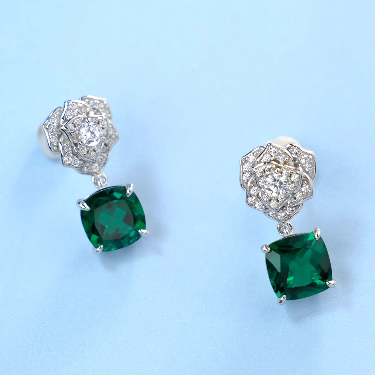 E085 S925 Silver 18K White Gold Cushion Lab-Grown Gemstone Rose Earrings Center Stone 8.0mm/6.0ct Pair