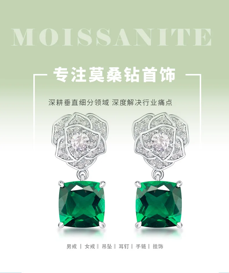 E085 S925 Silver 18K White Gold Cushion Lab-Grown Gemstone Rose Earrings Center 