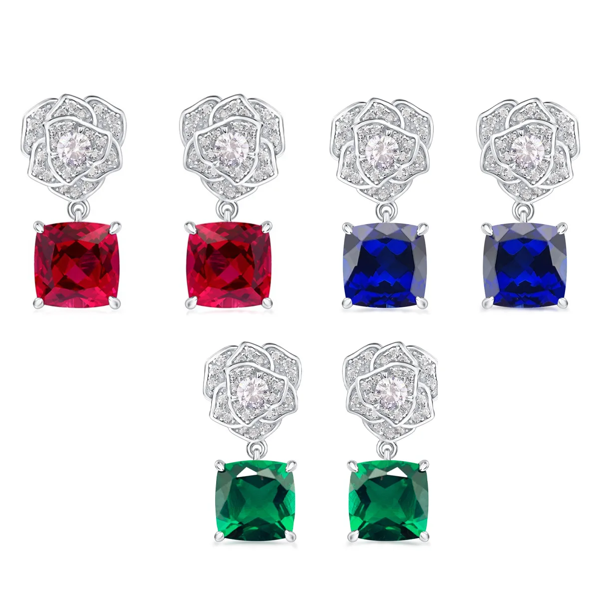 E085 S925 Silver 18K White Gold Cushion Lab-Grown Gemstone Rose Earrings Center Stone 8.0mm/6.0ct Pair