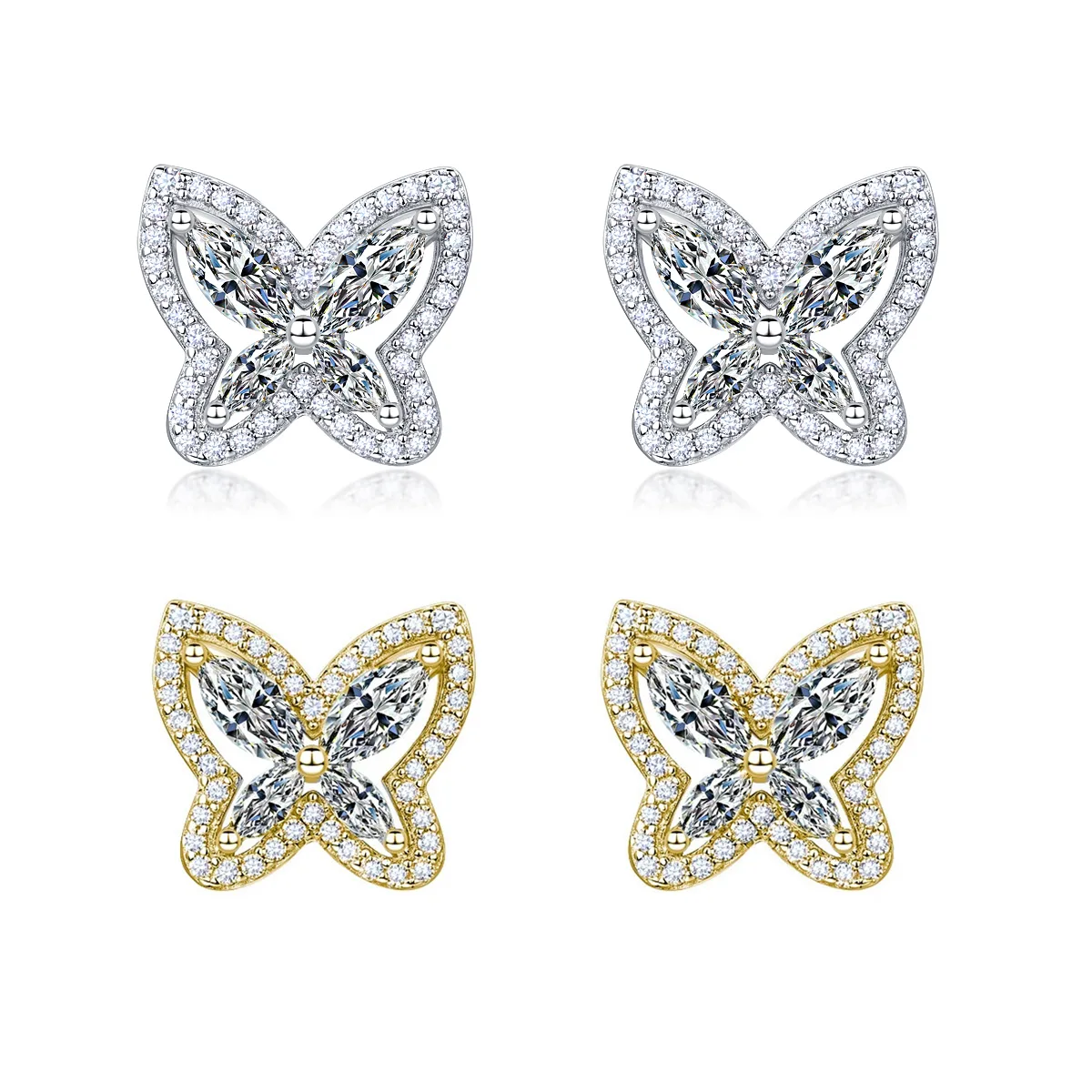 SE0761103 S925 Silver 18K Gold Moissanite Butterfly Stud Earrings 2.0ct