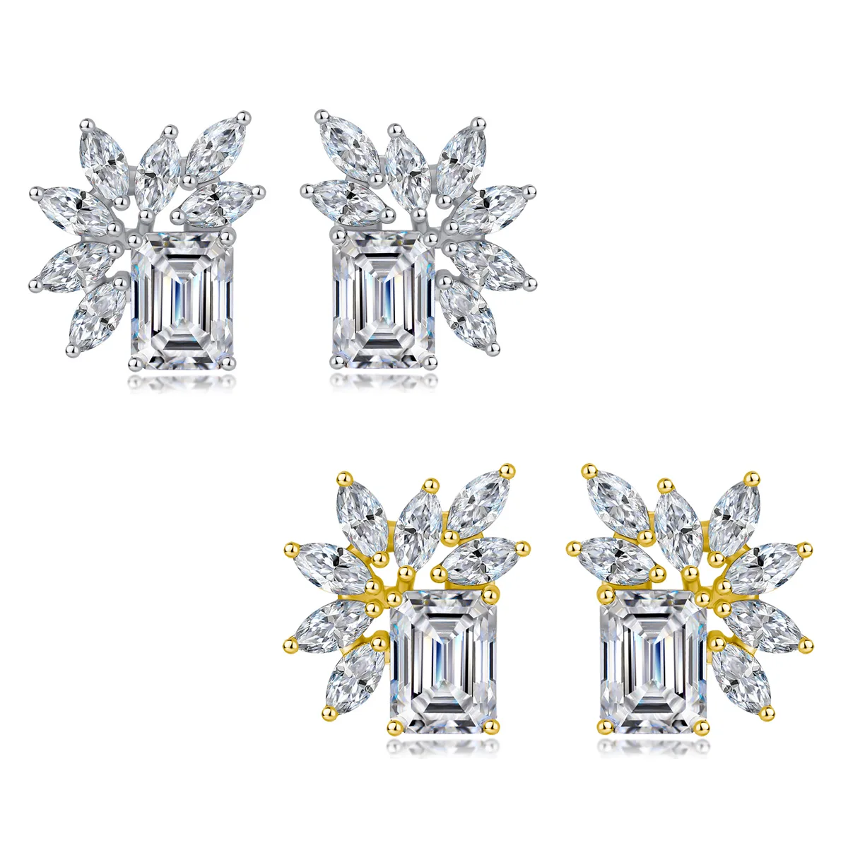 SE0743404 S925 Silver 18K Gold Emerald Cut Moissanite Light Luxury Stud Earrings 6.8ct