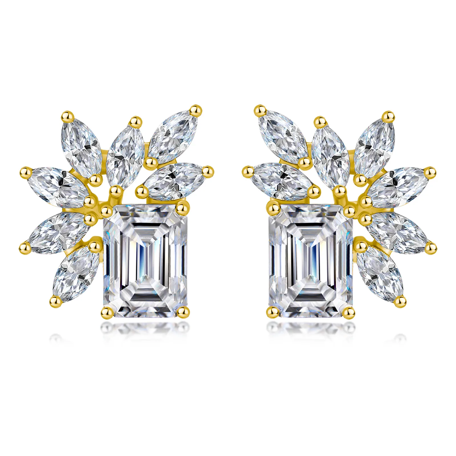 SE0743404 S925 Silver 18K Gold Emerald Cut Moissanite Light Luxury Stud Earrings 6.8ct