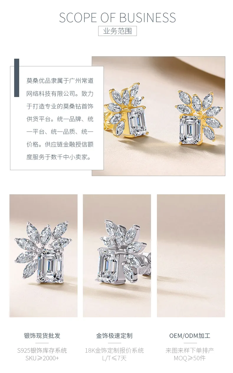 SE0743404 S925 Silver 18K Gold Emerald Cut Moissanite Light Luxury Stud Earrings